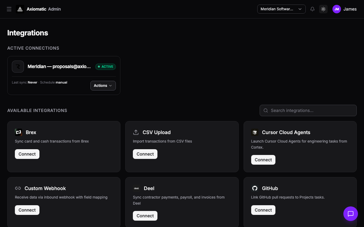 Admin — integrations and connected systems in TripleBooks