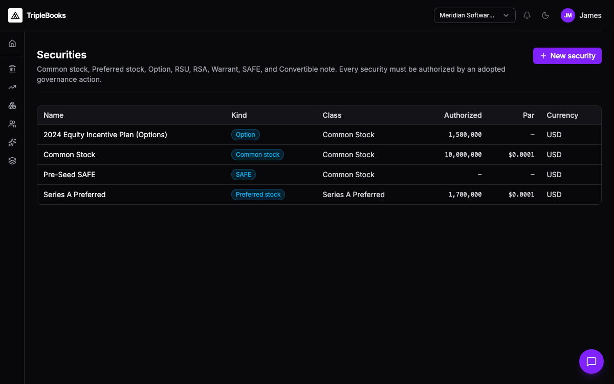 Cap table — securities definitions and instruments in TripleBooks