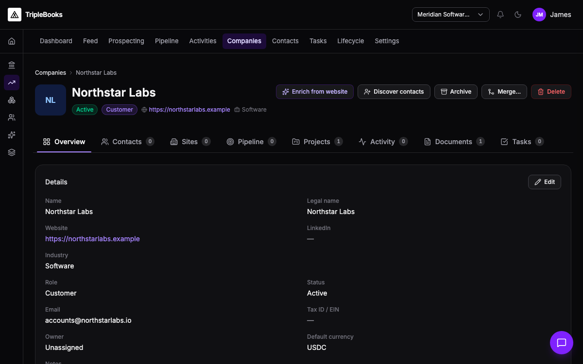 CRM — company record with contacts, activity, and deal context in TripleBooks