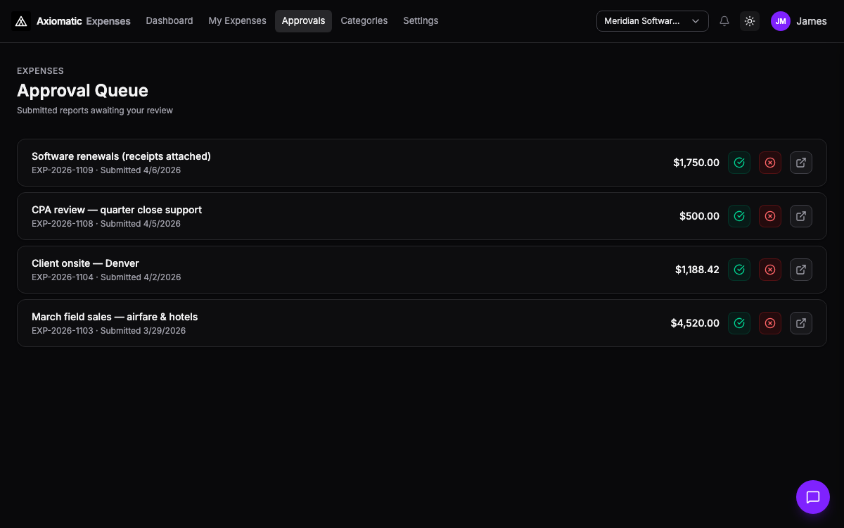 Expenses — approvals queue and policy-driven review in TripleBooks