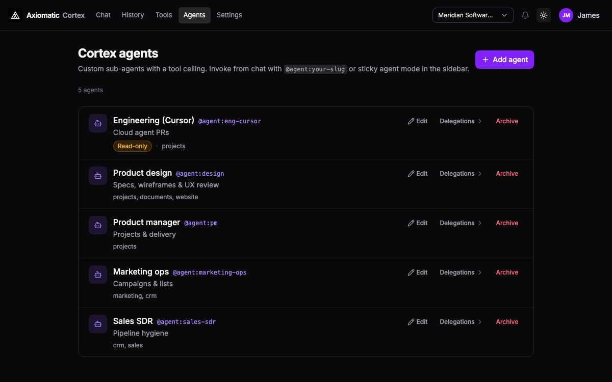 Luca — custom agent pods with scoped tool policies and presets in TripleBooks