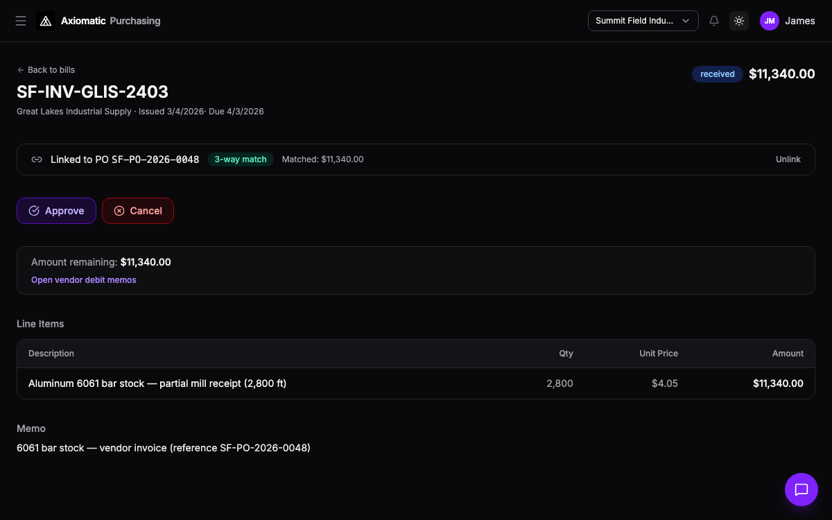 Purchasing — vendor bill with lines and amounts in TripleBooks