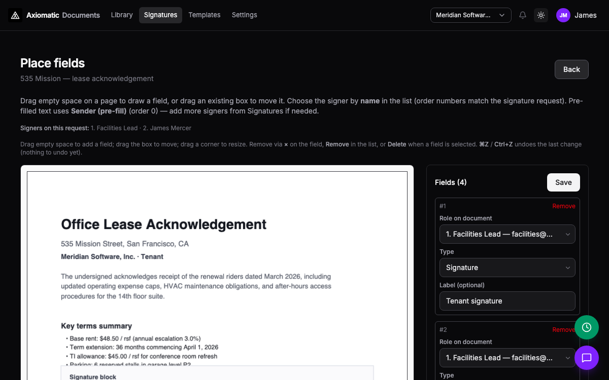 Documents — signature envelope with PDF preview and signer fields in TripleBooks