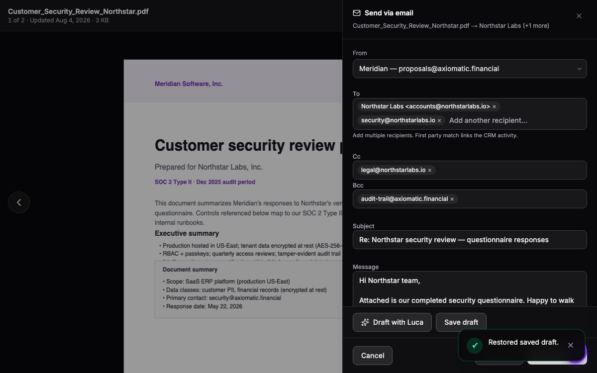 CRM — multi-recipient outbound email compose with To, Cc, and Bcc on a customer document in TripleBooks