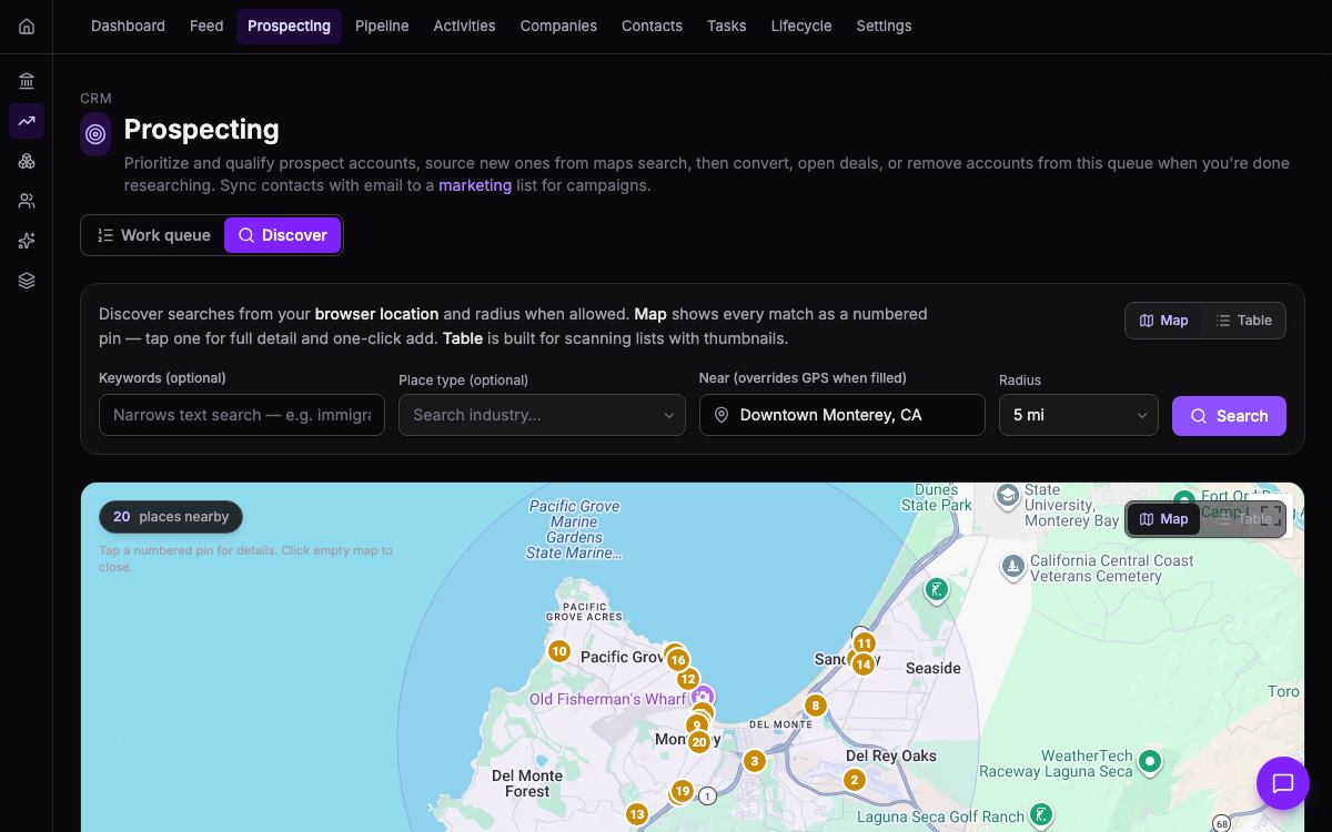 CRM — Discover prospecting map with nearby places and numbered pins in TripleBooks