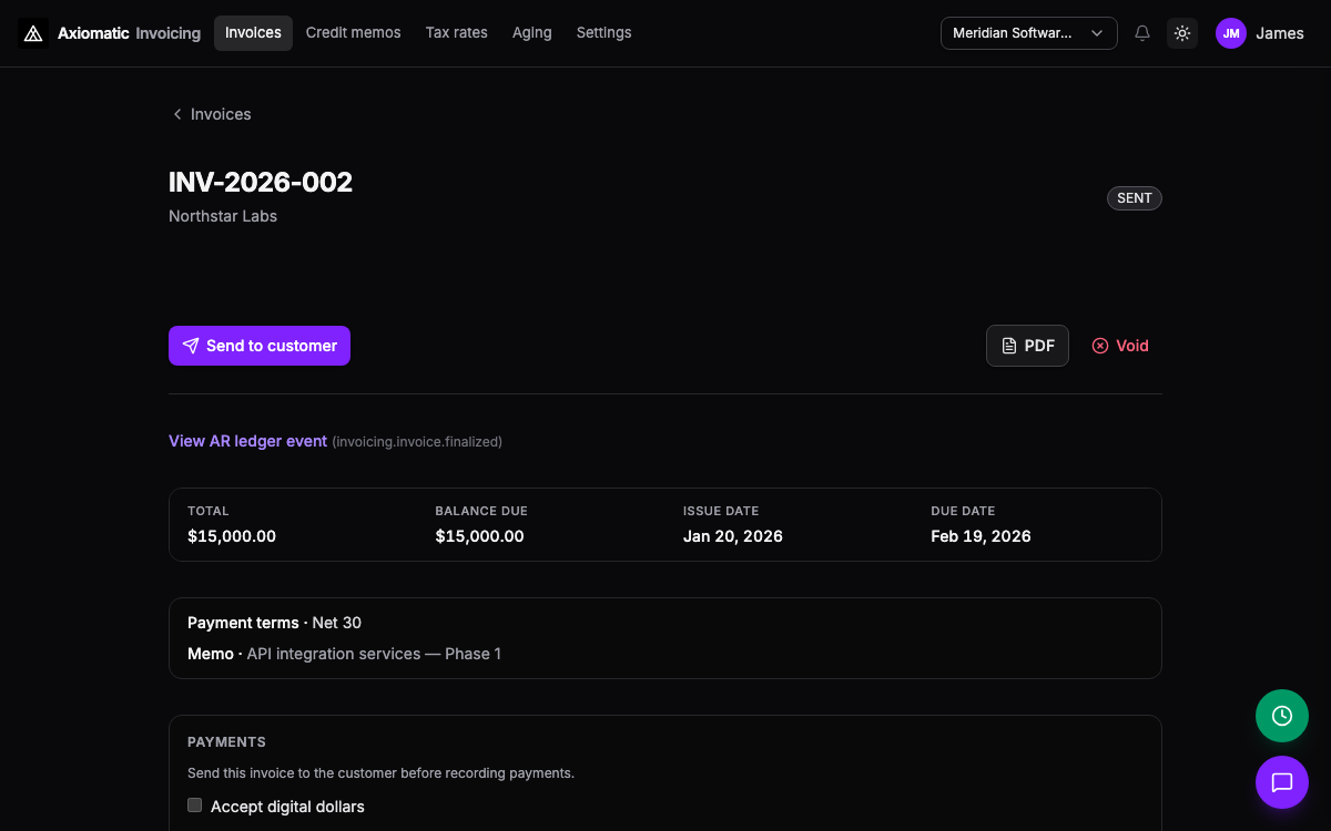 Invoicing — invoice detail with balance due, line items, and send-to-customer in TripleBooks
