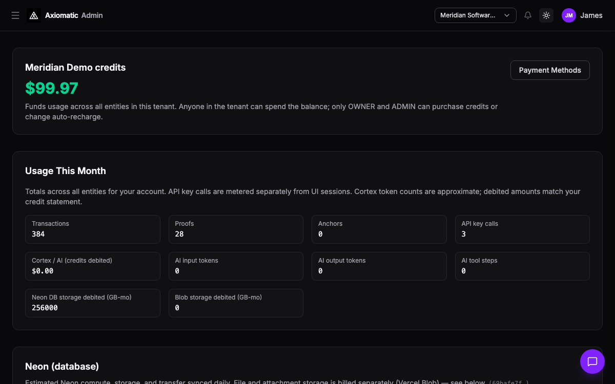 Admin — tenant credits, usage, and prepaid billing in TripleBooks