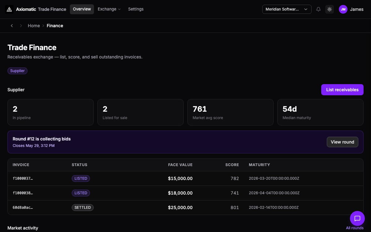 Working capital — receivables exchange hub with market stats in TripleBooks