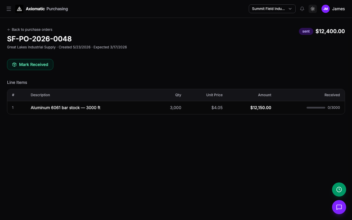 Purchasing — purchase order detail with lines and receiving status in TripleBooks